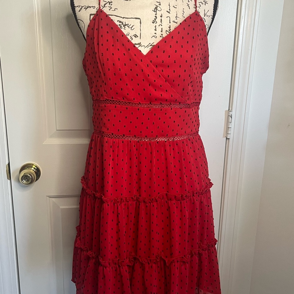 Altar'd State Red Tiered Midi Dress with Black Dot Print Peek A Boo Midi